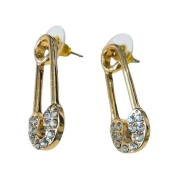Safety Pin Gold Tone Bling Post Earrings - Picture 3 of 5
